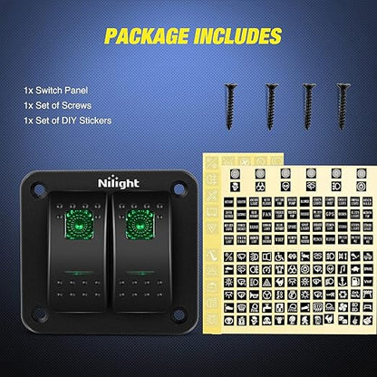 Nilight 2 Gang Rocker Switch Panel 12V 24V DC Green Switches Aluminum Panel 5Pin ON Off PreWired Toggle Switch Panel Waterproof for Cars Boats ATVs UTVs,2 Years Warranty