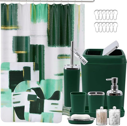 Bathroom Set - Dark Green Bathroom Accessories Set, Bathroom Sets with Shower Curtain and Rugs, Green Shower Curtain Set with Bathroom Trash Can, Soap Dispenser, Soap Dish for Home Decor