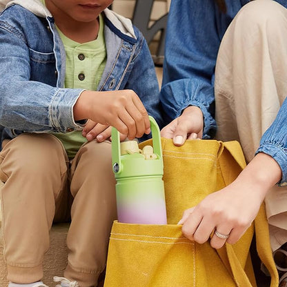 Kids Insualated Water Bottle with Straw - 12oz Stainless Steel Water Bottle with Dual Spouts, Leak-Proof, BPA-Free, Double Wall Vacuum Keeps Cold for 24 Hours for Sports, Travel, School (Elfin Yellow)