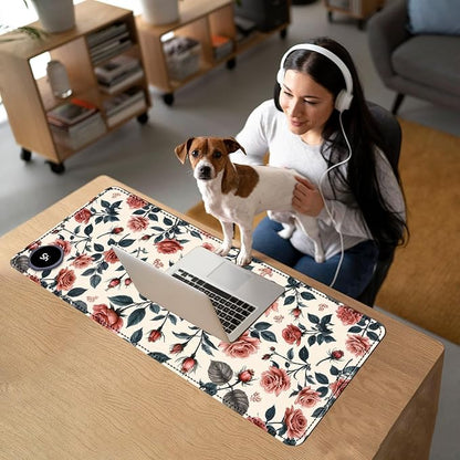 Heated Mouse Pad with 3 Temperature Settings(104°F–122°F),Large 31.5x13 Inch PU Leather Heated Desk Mat,Waterproof Warming Pad for Office,Gaming & Cold Hands Relief,Retro Flowers
