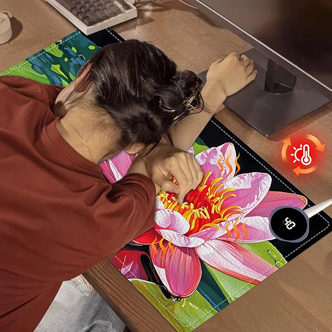 Heated Mouse Pad, Warm Desk Pad, Keyboard Mat 23.6 x 14 Inch Large Size Intelligent Fast Heating, 3 Speed Adjustable, Timed Auto Power Off for Game Office Home, Lotus Flower