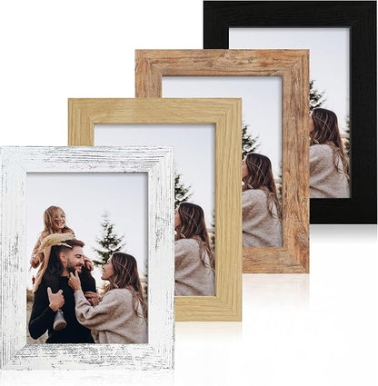 iRahmen 5x7 Picture Frame Set of 4, High Definition Real Glass 5 x 7 Photo Frames for Desktop Display and Wall Mounting(Distressed White+Oak+Rustic Brown+Black)