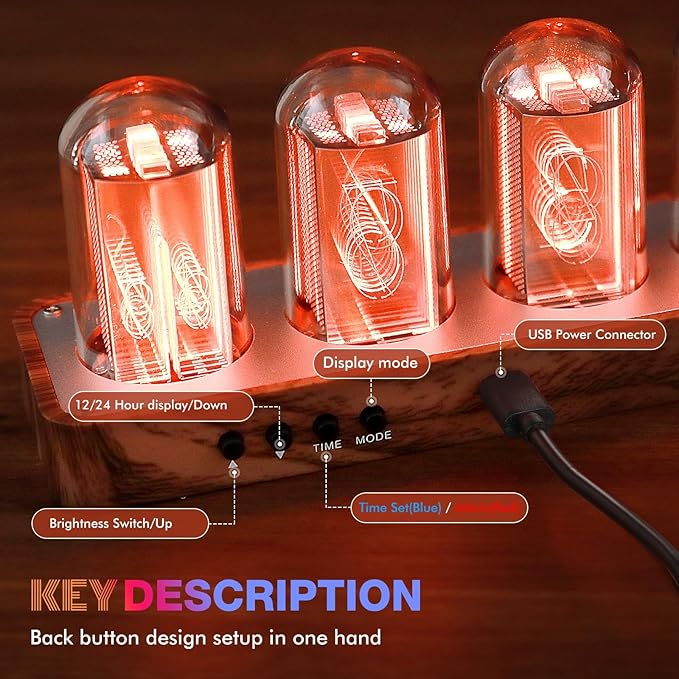 Nixie Tube Clock with Wi-Fi SYNC, Alarm & Timer, 12/24H Display, No Assembly Required - A Retro Gift for Friends (Wood Grain)