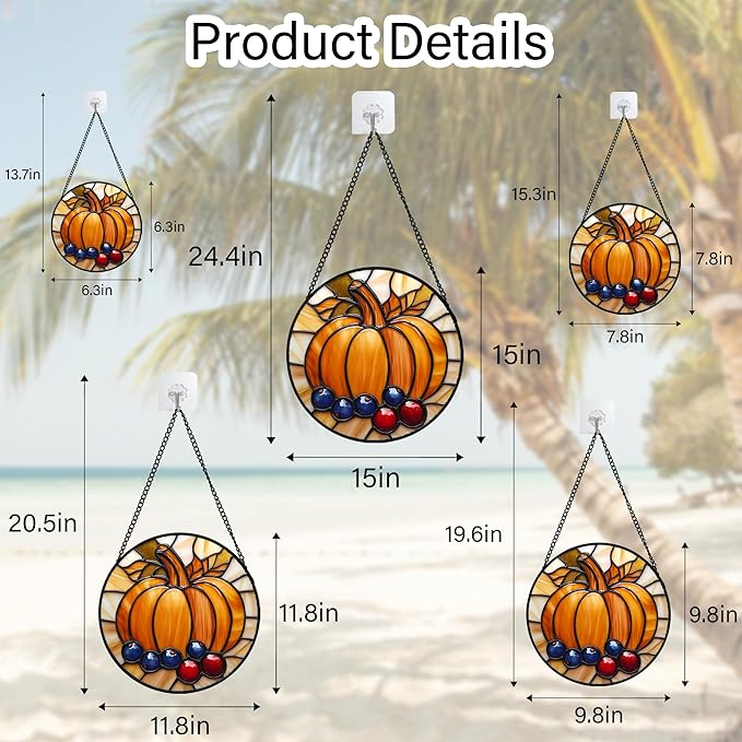 Stained Glass Window Hanging Fall Pumpkin Berries 6.3" - Suncatcher Door Garden Kitchen Sunroom Sun Catcher Autumn Home Decor Birthday for Mom Grandma Men Woman