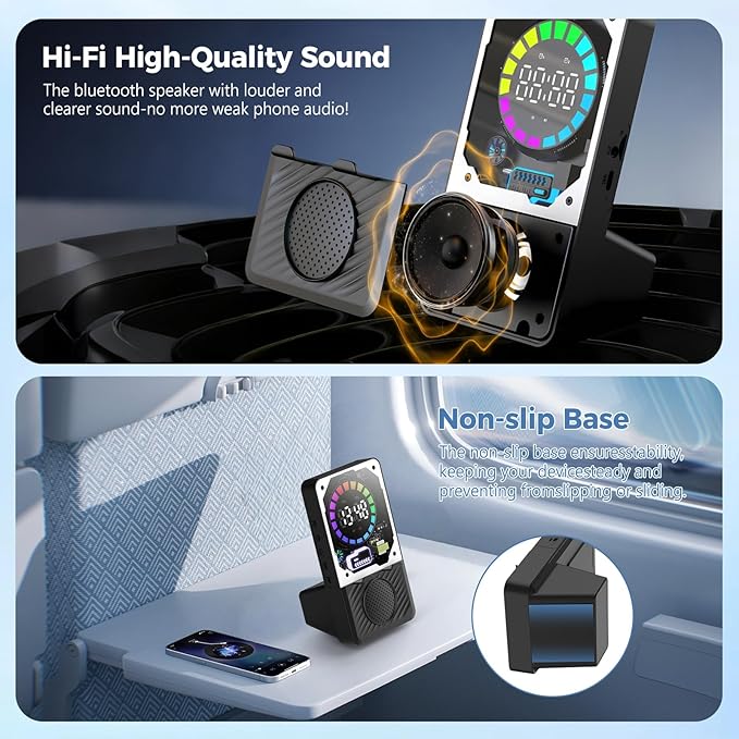 Wireless Induction Speaker, 5 in 1 Bluetooth Speaker with Cell Phone Stand, Phone Holder with Rechargeable Colorful Light and Alarm Clock for iPhone/Android/iPad, for Men Women（Black）