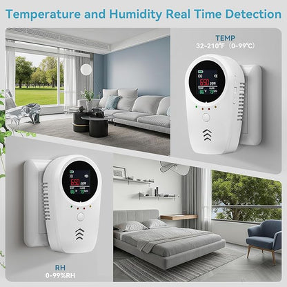 5-in-1 Carbon Monoxide Detectors,Combustible Gas Detector,Plug-in & Built-in Backup Battery,Monitoring CO,Natural Gas,Temperature and Humidity,Clear LCD Screen Sound Light Dual Alarm Detector
