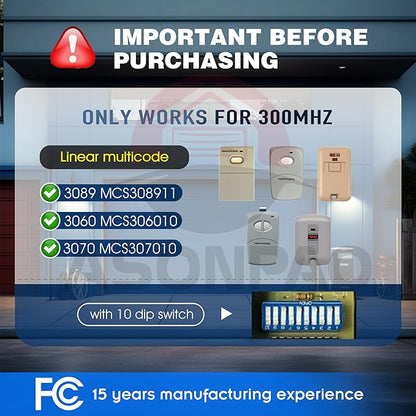 2 for Multi-Code 3089 MultiCode 308911 Linear MCS308911, 300MHZ 10 Dip Switch Gate Opener Remote (3-Year-Warranty)