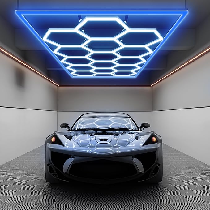 Neatfi LED Hexagon Garage Light 60,720 Lumens, 552W, Honeycomb Ceiling Light for Car Detailing, Auto Shops, Workshop, Warehouse, and Gym (15 Hex Grids, Blue)