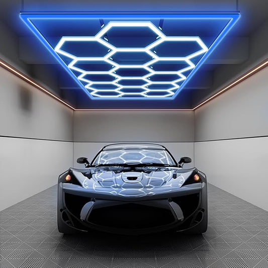 Neatfi LED Hexagon Garage Light 60,720 Lumens, 552W, Honeycomb Ceiling Light for Car Detailing, Auto Shops, Workshop, Warehouse, and Gym (15 Hex Grids, Blue)