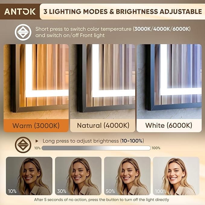 Antok 40X32 LED Bathroom Mirror with Lights, Vanity Mirror for Wall with Black Frame, Touch Control, Anti-Fog, Dimmable Lights, Shatter-Proof, Memory Function, Wall-Mounted Vanity Mirrors