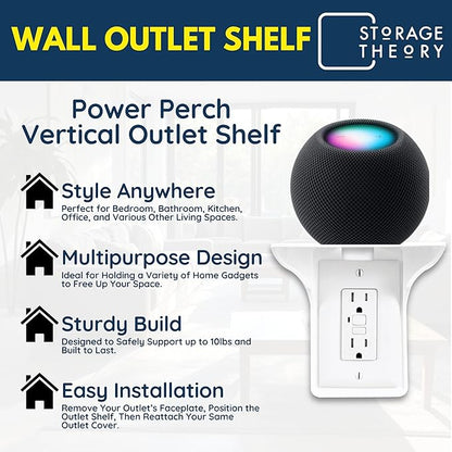 BeraTek Power Perch Wall Outlet Shelf with Cord Storage Strap - Declutter & Reclaim Counter Space - Top Uses: Charging Shelf, Echo Dot Stand, Apple HomePod Mini Wall Mount - White, 2-Pack
