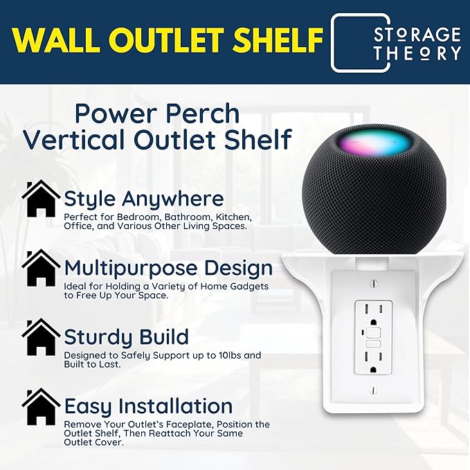 BeraTek Power Perch Wall Outlet Shelf with Cord Storage Strap - Declutter & Reclaim Counter Space - Top Uses: Charging Shelf, Echo Dot Stand, Apple HomePod Mini Wall Mount - White, 1-Pack