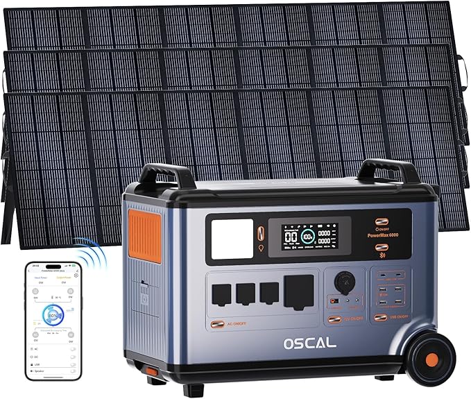 OSCAL 6000W Solar Generator with 3x500W Solar Panel,120V/240V Dual Voltage Portable Power Station 3600WH Lifepo4 Battery with 14 Outlets,2200W 1.96H Fast Charge,Promax6000 for Home Backup.