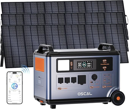 OSCAL 6000W Solar Generator with 3x500W Solar Panel,120V/240V Dual Voltage Portable Power Station 3600WH Lifepo4 Battery with 14 Outlets,2200W 1.96H Fast Charge,Promax6000 for Home Backup.