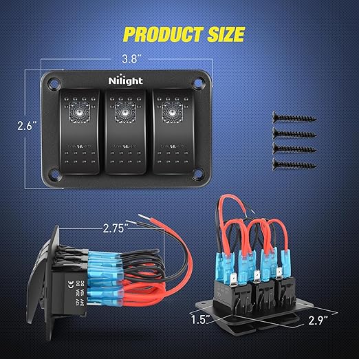 Nilight 3 Gang Aluminum Rocker Switch Panel 5 Pin ON Off Pre-Wired Pinkish Purple Toggle SPST 12V 24V Night Glow Stickers for Cars Marines Boats Campers RVs
