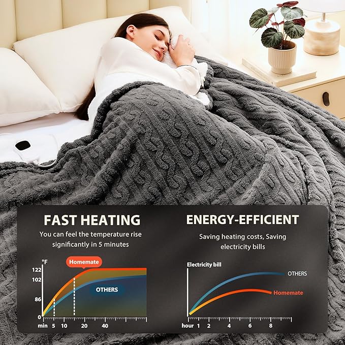 Homemate Electric Heated Blanket Queen - 84"x90" Heating Bed Blankets Throw with 10 Heating Levels 8 Hours Auto Off Fast Heating Over-Heated Protection Ultra Soft Warm Flannel ETL Certified