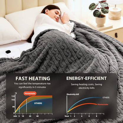 Homemate Electric Heated Blanket Queen - 84"x90" Heating Bed Blankets Throw with 10 Heating Levels 8 Hours Auto Off Fast Heating Over-Heated Protection Ultra Soft Warm Flannel ETL Certified