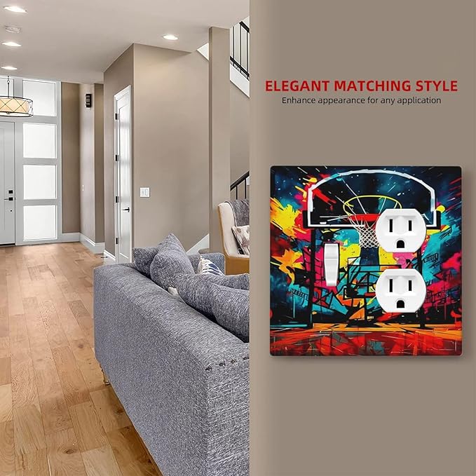 Decorative Outlet Covers Scrawl Colorful Basketball Graffiti Hoop 2 Gang Wall Plate Cover Single Toggle Duplex Combo Two Switch Light Switch Cover Plate Jumbo Dual GFCI Faceplate