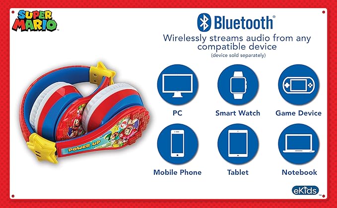 Super Mario Wireless Bluetooth Portable Kids Headphones with Microphone, Volume Reduced to Protect Hearing Rechargeable Battery, Adjustable Kids Headband for School Home or Travel