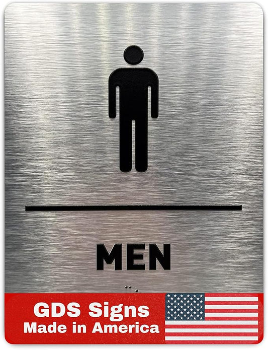Men Bathroom Sign by GDS - ADA Compliant, Wheelchair Accessible, Raised Icons, & Grade 2 Braille - Includes Adhesive Strips for Easy Installation - Bathroom Signs for Business, Restroom Sign, Restroom Signs for Business - 6" W x 8" H (Brushed Aluminum)...