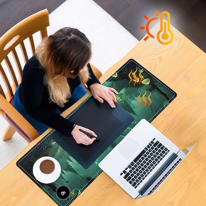 Heated Mouse Pad, Warm Desk Pad, Keyboard Mat 31.5 x 13 Inch Large Size Intelligent Fast Heating, 3 Speed Adjustable, Timed Auto Power Off for Game Office Home,Dark Fantasy Forest