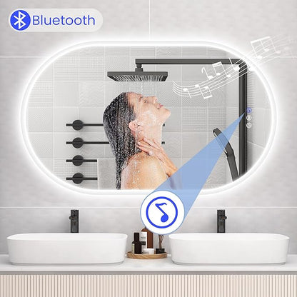 STARLEAD 40"x24" LED-Bathroom-Mirror-with-Lights, Wall-Mounted with Bluetooth Speaker, Anti-Fog, 3 Color Temperature, Dimmable Brightness, Waterproof, Tempered Glass, Frontlit & Backlit, Oval
