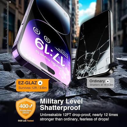 EZ-GLAZ-4 Pack for iPhone 14 Pro Screen Protector[6.1"] With 2 Pack Camera Lens Protector, 9H+ Hardness 12FT Military Grade Shatterproof Scratch Resistant Durable Tempered Glass Film with Flawless Fit Kit, HD Clear