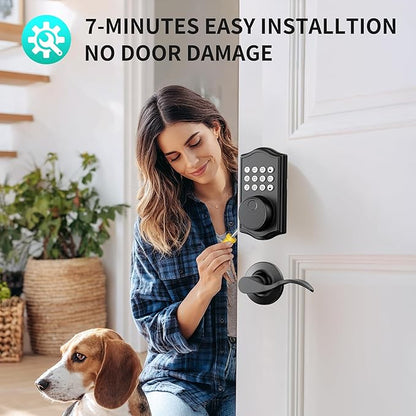 Keyless Entry Door Lock Deadbolt with Handle Set,Fingerprint Smart Locks for Front Door,Backlit Digital Keypad Deadbolt with 2 Keys - Auto Locking - Easy Installation-Left/Right Doors (Matte Black)