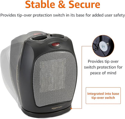 Amazon Basics Oscillating Ceramic Space Heater, Portable Indoor Heating Solution, With Overheat and Tip-Over Protection, Thermostat, 1500W, 7.52"D x 6.34"W x 9.45"H, Black