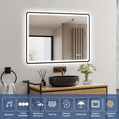 STARLEAD 24"x32" LED-Bathroom-Mirror-with-Lights, Wall-Mounted with Bluetooth, Anti-Fog, 3 Color Temperature Dimmable Brightness, Waterproof, Tempered Glass, Frontlit & Backlit, Black Frameless
