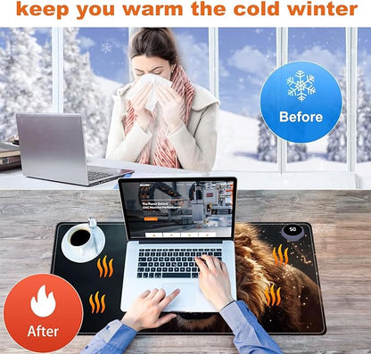 Small Heated Desk Pad 23.6" x 14.2" – Compact Electric Mouse Pad with 3 Heating Levels, Auto Shut-Off, Waterproof PU Surface, Plug-in Warmer for Office or Home Use, Roaring Lion