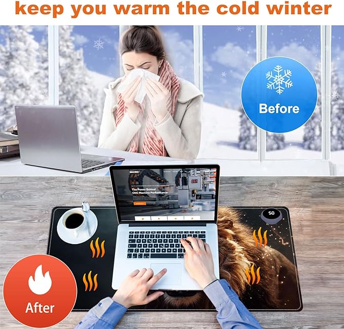 Heated Mouse Pad for Desk 31.5" x 13" – PU Leather Warm Desk Pad with 3 Heat Levels (104°F/113°F/122°F), Plug-in Electric Heating Mat with Auto Shut-Off, Waterproof & Rollable, Roaring Lion