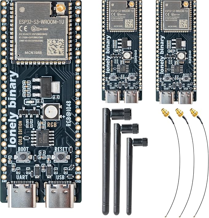 3-Pack ESP32-S3 Development Board Gold Edition - 16MB Flash, 8MB PSRAM IPEX, Dual Type-C - Compatible with Arduino IDE & ESP-IDF (3X N16R8 Dev Board with External Antenna)