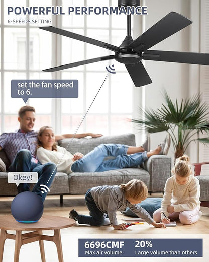 YOUKAIN Ceiling Fan without Light, 52 Inch Black Ceiling Fans, Smart Ceiling Fans Remote & APP Control, Reversible Blades, Outdoor Ceiling Fan for Bedroom, Living room, 52-YJ812-BK-NL