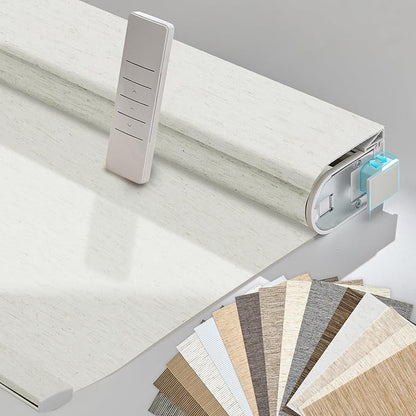 Persilux Smart Motorized Blinds with Remote, No Drill Automatic Roller Shades for Indoor Windows, Light Filtering Linen Fabric, Electric Blinds for Windows, Texture Cream 1703, Custom Size
