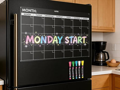 Fridge Calendar Acrylic 17x12”, Start Monday | Magnetic Calendar for Refrigerator | Acrylic Dry Erase Whiteboard Calendar for Fridge | Family Schedule Board with 5 Markers & Eraser by Freedom Mastery