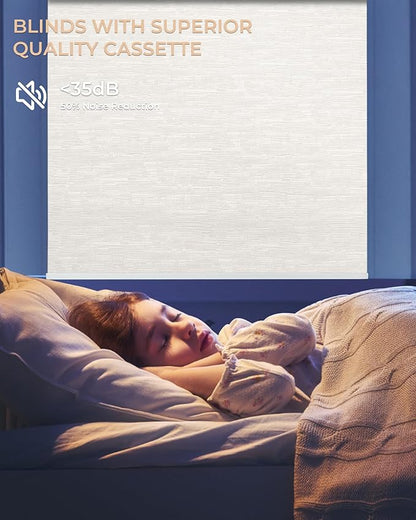 Motorized Roller Shade with Remote Control, 100% Blackout Electric 21-98” Width Blinds for Windows with Via Hub Alexa Google Home, Rechargeable Smart Automatic Customized Size（Texture-Beige）