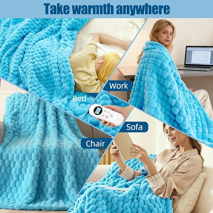 Electric Blanket 50" x 60" Soft Ribbed Faux Fur Flannel Quick Heat 12 Heat Levels 1-12 Hour Timer and Overheat Protection & Auto Shut Off & ETL FCC (Sky Blue, Throw 50" x 60")