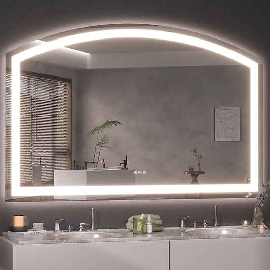 Hasipu 55" x 36" LED Bathroom Mirror Arch Vanity Mirror with Lights Frontlit Smart Touch Sensor Dimmable 3 Colors Temperature Shatterproof Wall-Mounted Vanity Mirror Metal Frame