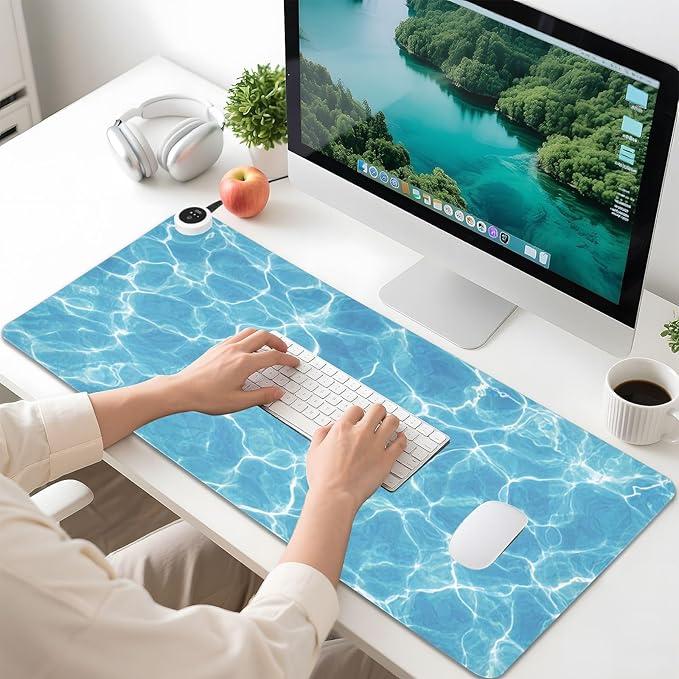 Heated Desk Pad Mouse Pad 31.5x13 Inch PU Leather Desk Mat with 3 Heat Levels Large Mouse Gaming Computer Laptop Mat Bright Blue Pool Ripples
