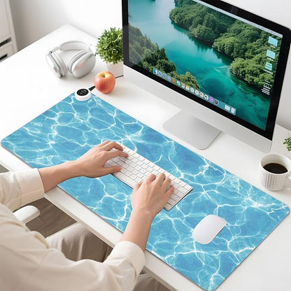 Heated Desk Pad Mouse Pad 31.5x13 Inch PU Leather Desk Mat with 3 Heat Levels Large Mouse Gaming Computer Laptop Mat Bright Blue Pool Ripples