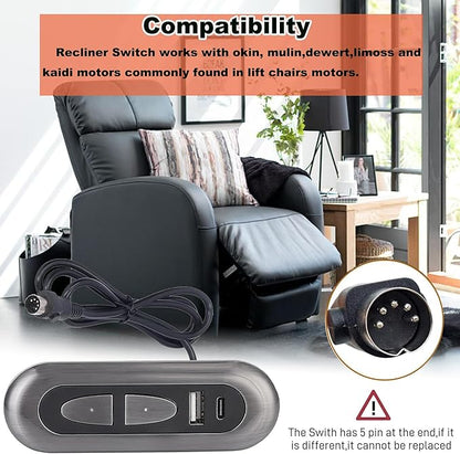 Lift Chair Remote Control Universal,2-Button 5-Pin Round Plug Electric Lounge Chair Manual Control Compatible with USB A and C Ports Okin Limoss Lane Electric Lazy Chair Switch Stand