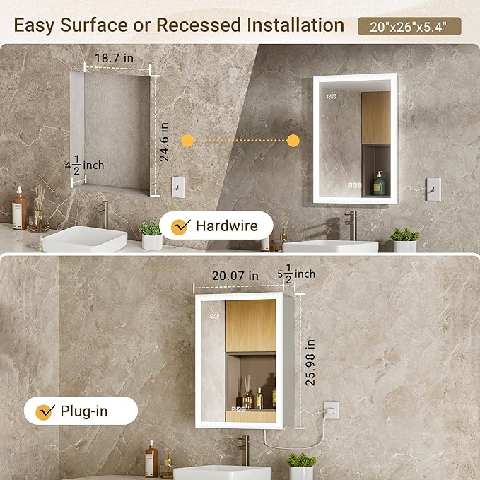 20x26 Medicine Cabinet Mirror with Double Lights & Clock, Front+Backlit Surface or Recessed Fogless Lighted Medicine Cabinet Mirror, 155°Soft-close Right Hinge,Time-Display,Outlet,Inner Light