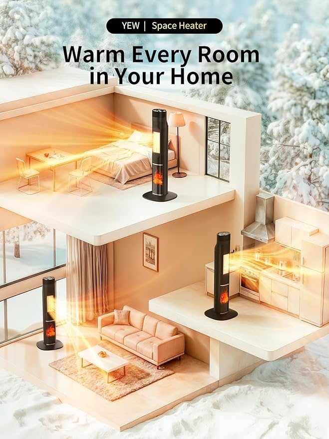 YEW Space Heater Large Room, 1500W Portable Tower Room Heaters with Thermostat and Remote, 24H Timer, 80°Oscillation, Overheat&Tip-over Protection, Electric Ceramic Heater for Indoor Bedroom,Office