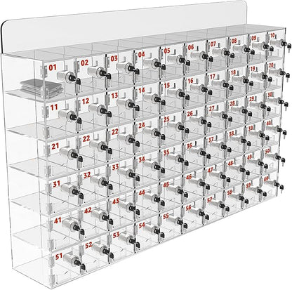 41x25x7-inch Cell Phone Storage Locker, 60 Slots Cell Phone Locker Box — Storage Cabinet with Anti-Tamper Door Locks and Keys (Transparent Acrylic Material), Wall-Mounted Design