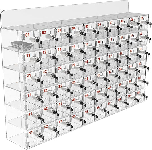 41x25x7-inch Cell Phone Storage Locker, 60 Slots Cell Phone Locker Box — Storage Cabinet with Anti-Tamper Door Locks and Keys (Transparent Acrylic Material), Wall-Mounted Design