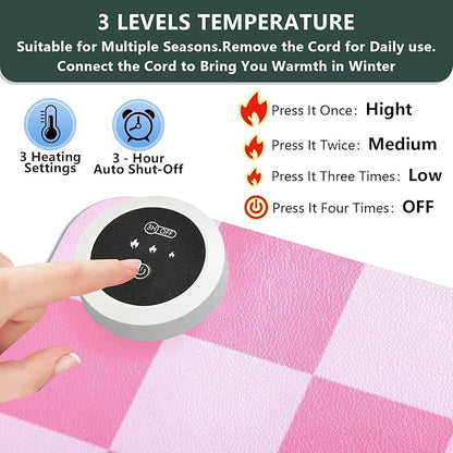 Checkered Pink Heated Desk Pad Mouse Pad 31.5x13 Inch PU Leather Desk Mat with 3 Heat Levels Large Mouse Gaming Computer Laptop Mat