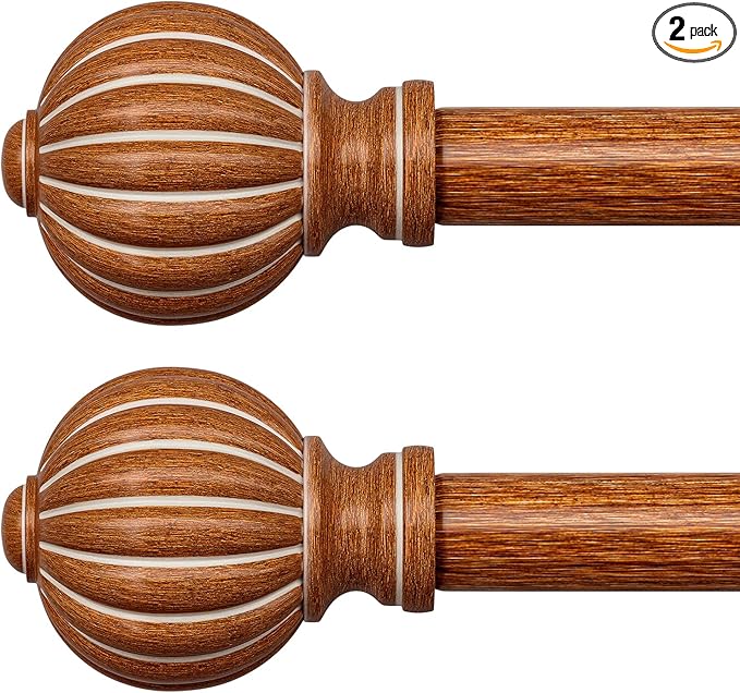 2 Pack Reddish-Brown Wood Curtain Rods for Windows 28 to 48 Inch, 1'' Adjustable Heavy Duty Curtain Rod，Vintage Imitation Wood Decorative Drapery Rods with Pumpkin Finials for Living Room