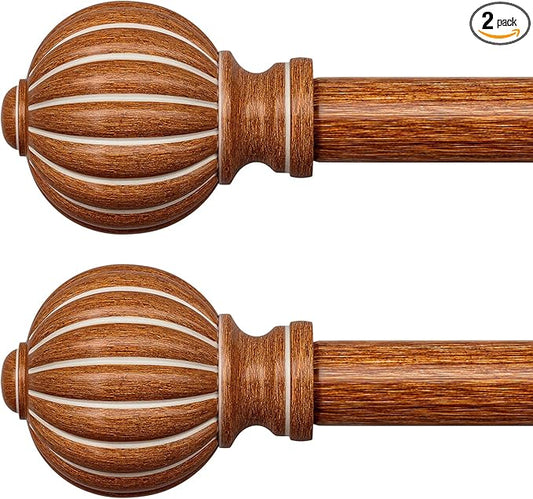 2 Pack Reddish-Brown Wood Curtain Rods for Windows 28 to 48 Inch, 1'' Adjustable Heavy Duty Curtain Rod，Vintage Imitation Wood Decorative Drapery Rods with Pumpkin Finials for Living Room