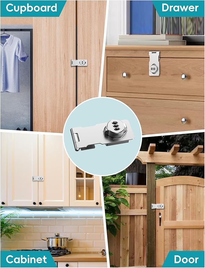 Cabinet Password Hasp Lock, Keyless Combination Lock for Small Doors, Bathroom, Outdoor, Garage, Garden, Silver, 2 Pack